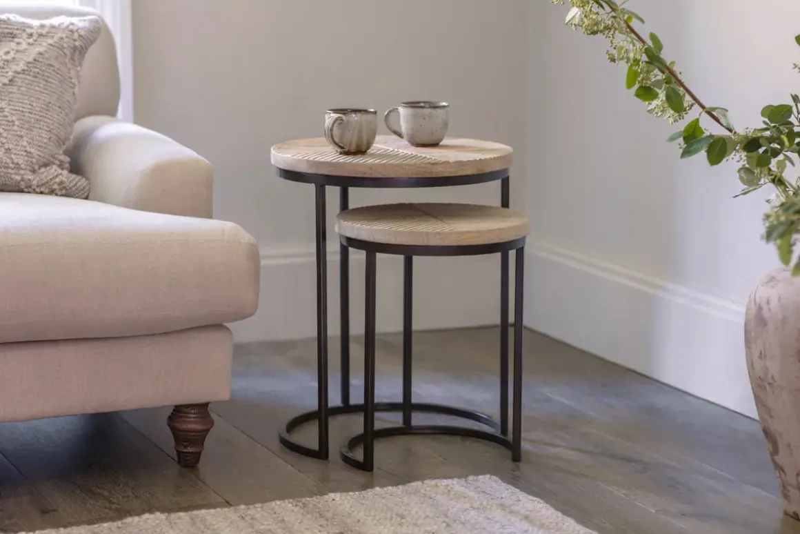 Aasha Carved Mango Wood & Iron Nesting Side Tables - Natural - (Set of 2)