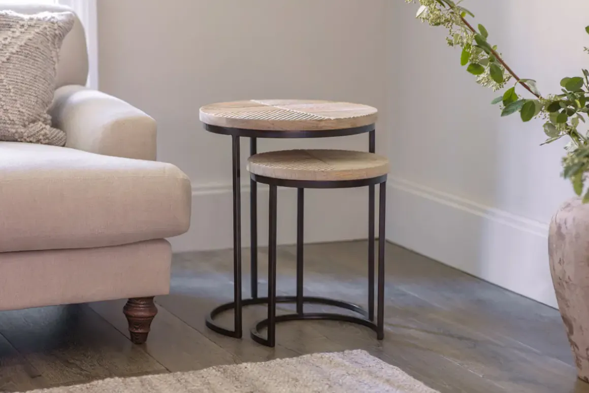 Aasha Carved Mango Wood & Iron Nesting Side Tables - Natural - (Set of 2)