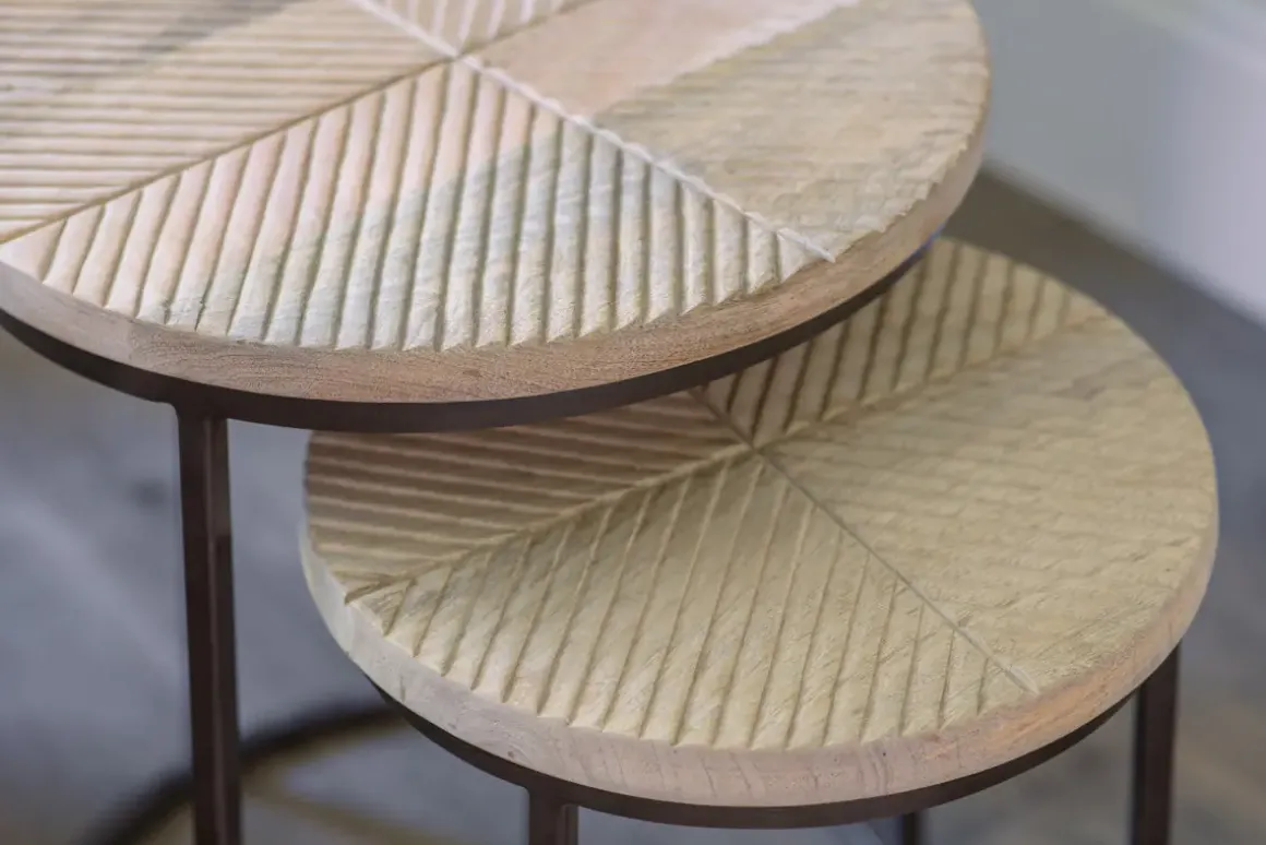 Aasha Carved Mango Wood & Iron Nesting Side Tables - Natural - (Set of 2)