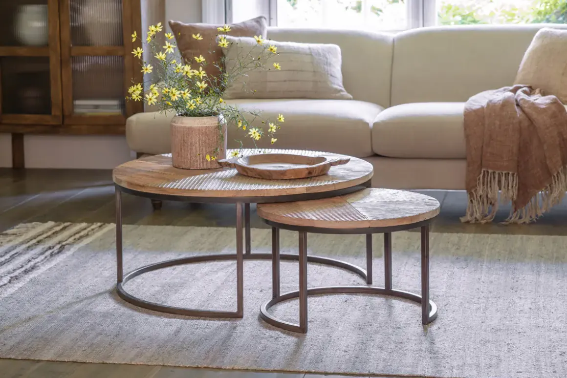 Aasha Carved Mango Wood & Iron Nesting Coffee Tables - Natural - (Set of 2)