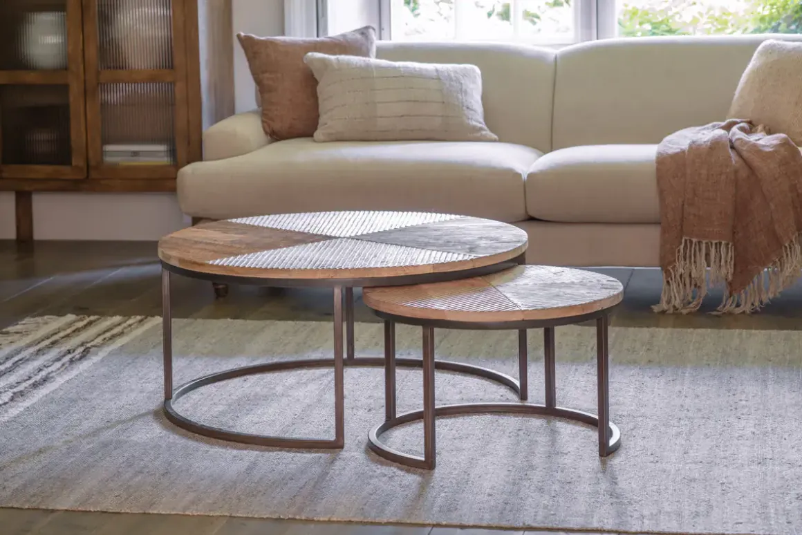 Aasha Carved Mango Wood & Iron Nesting Coffee Tables - Natural - (Set of 2)