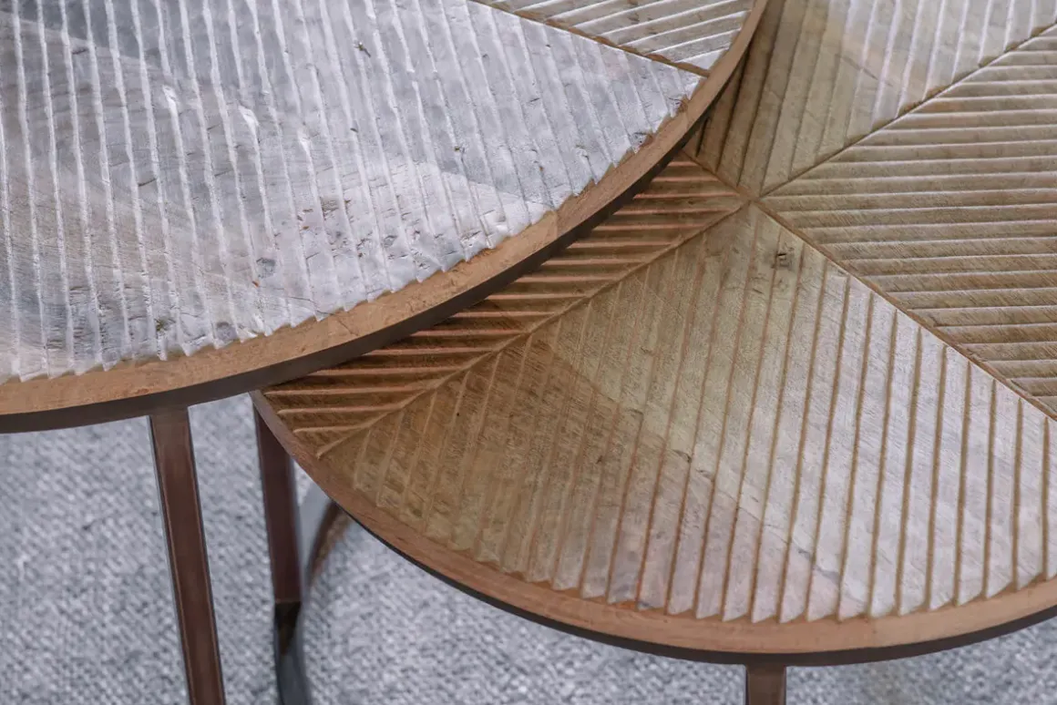 Aasha Carved Mango Wood & Iron Nesting Coffee Tables - Natural - (Set of 2)