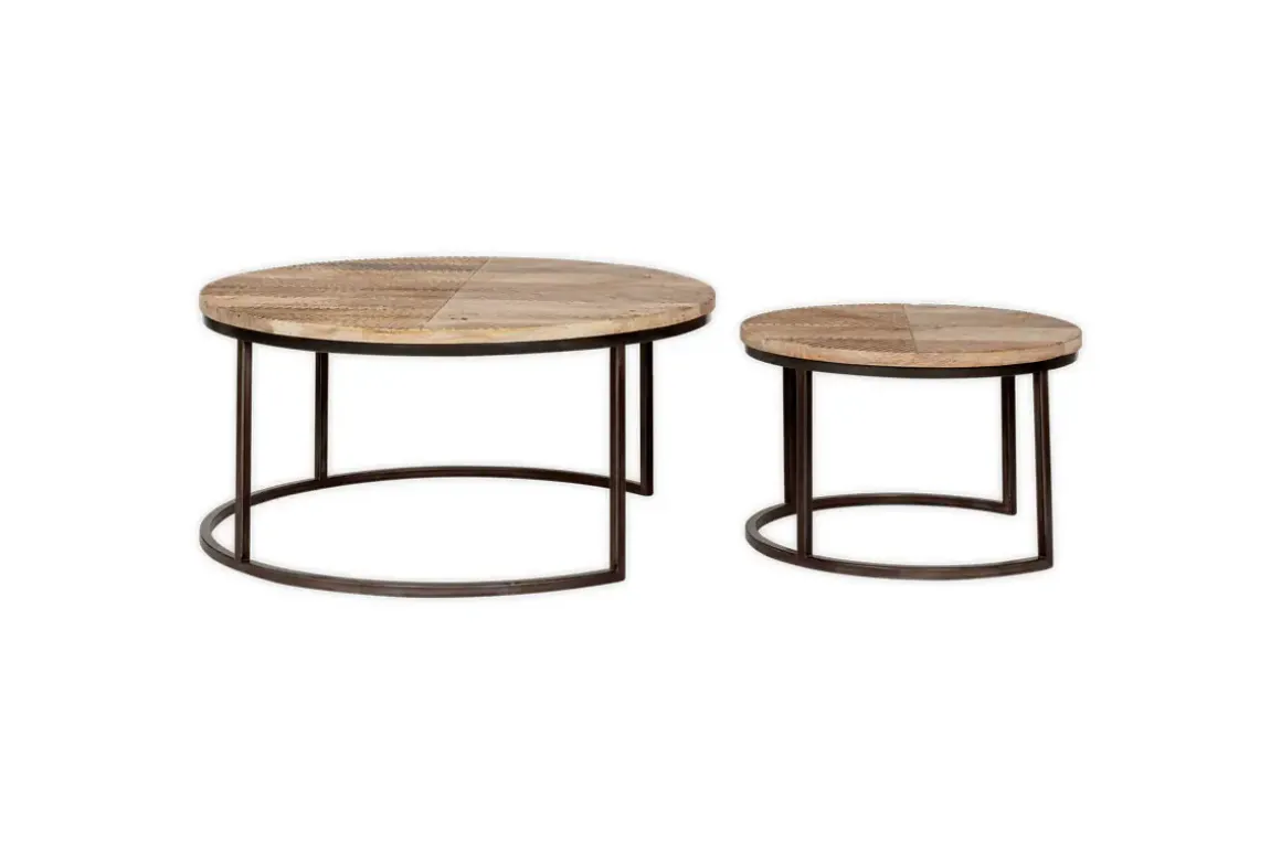 Aasha Carved Mango Wood & Iron Nesting Coffee Tables - Natural - (Set of 2)