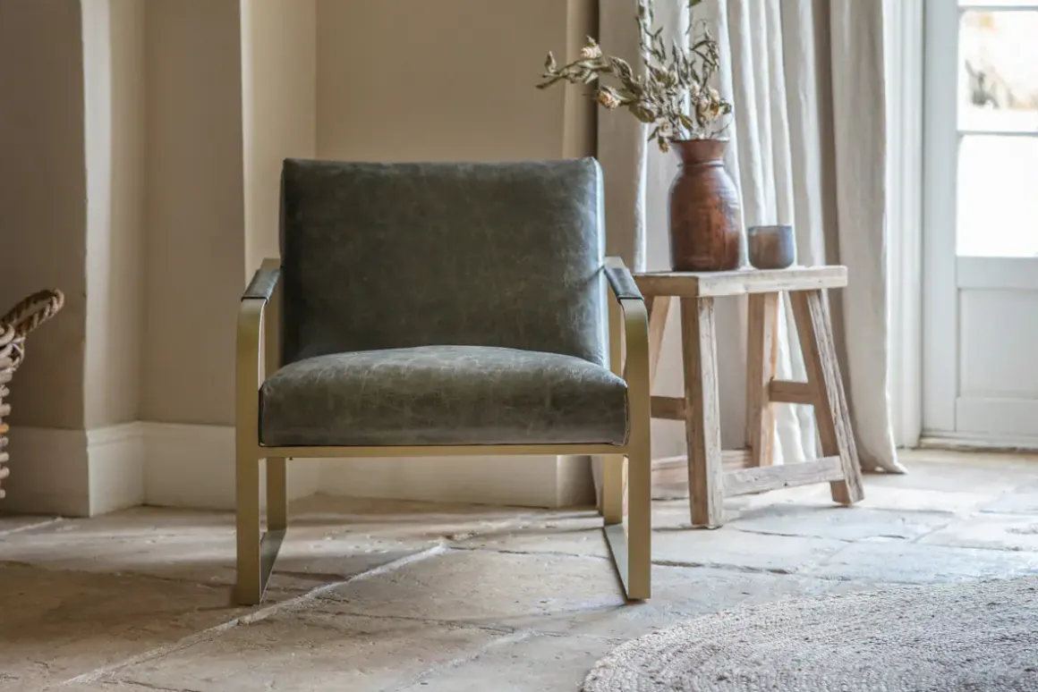 Adra Leather & Brass Occasional Chair - Moss Green