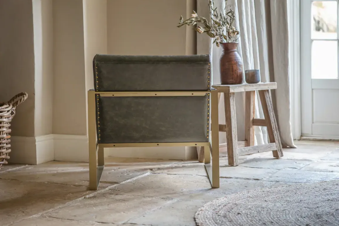 Adra Leather & Brass Occasional Chair - Moss Green