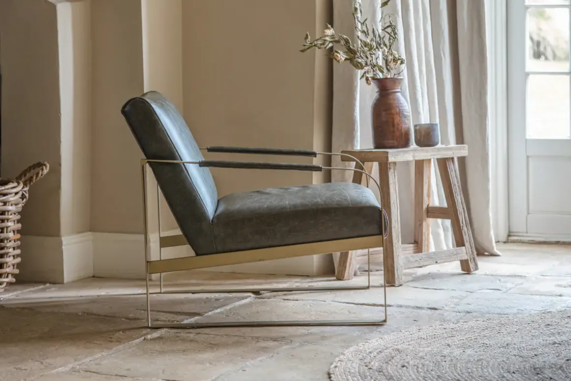 Adra Leather & Brass Occasional Chair - Moss Green