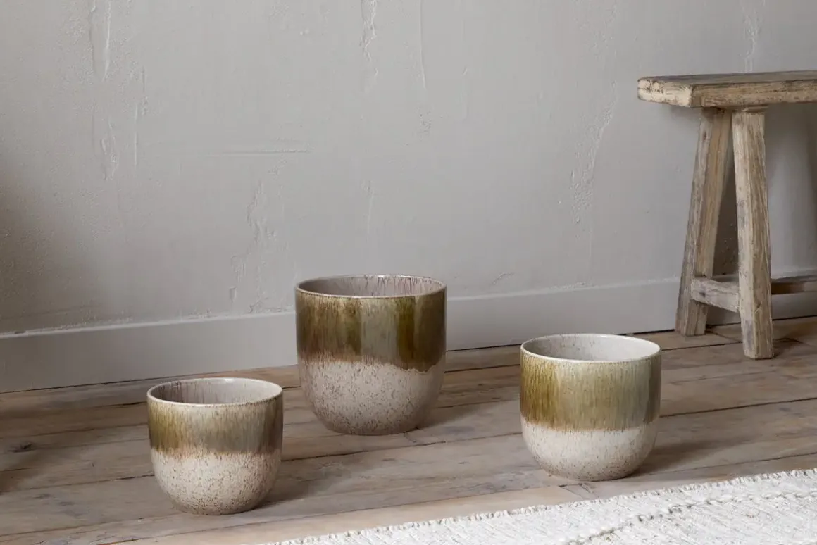 Almeida Reactive Glaze Plant Pot - Olive & Natural
