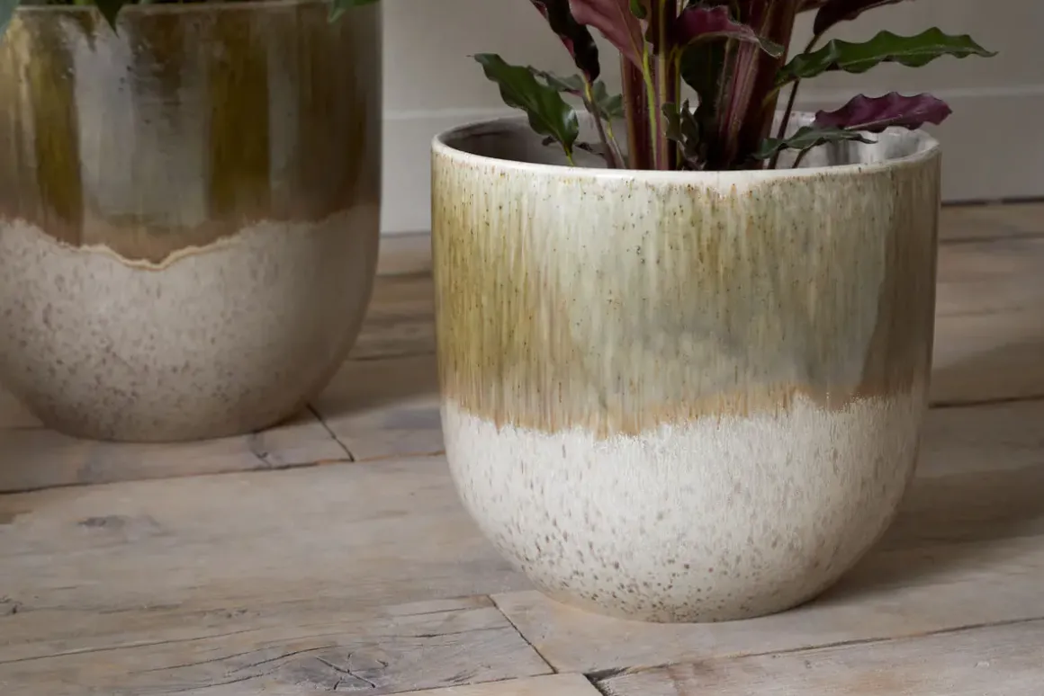 Almeida Reactive Glaze Plant Pot - Olive & Natural