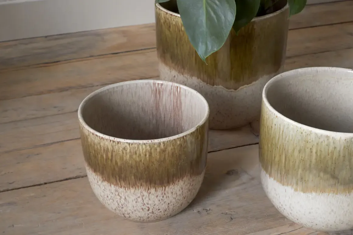 Almeida Reactive Glaze Plant Pot - Olive & Natural