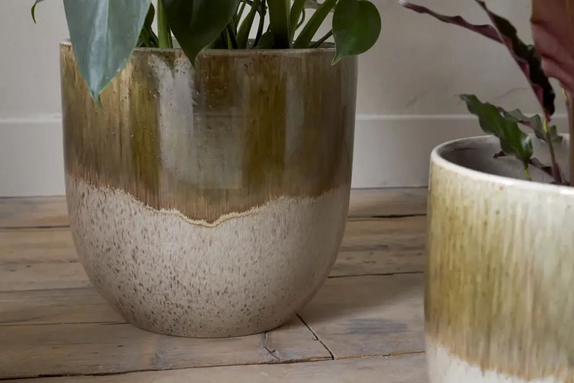 Almeida Reactive Glaze Plant Pot - Olive & Natural