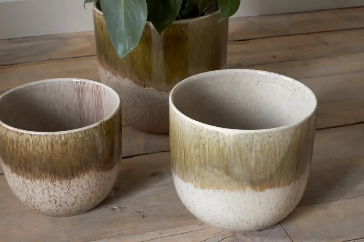 Almeida Reactive Glaze Plant Pot - Olive & Natural
