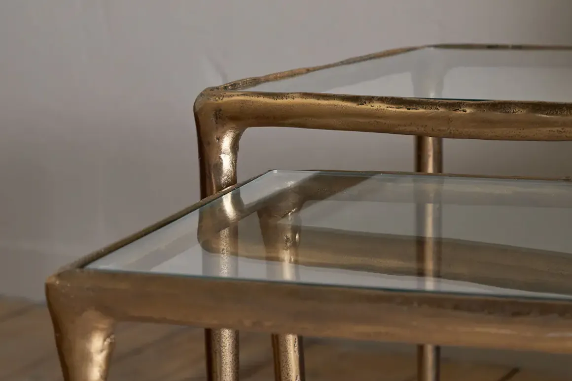 Gilasi Cast Metal & Glass Nesting Side Tables - Antique Brass (Set of 2)
