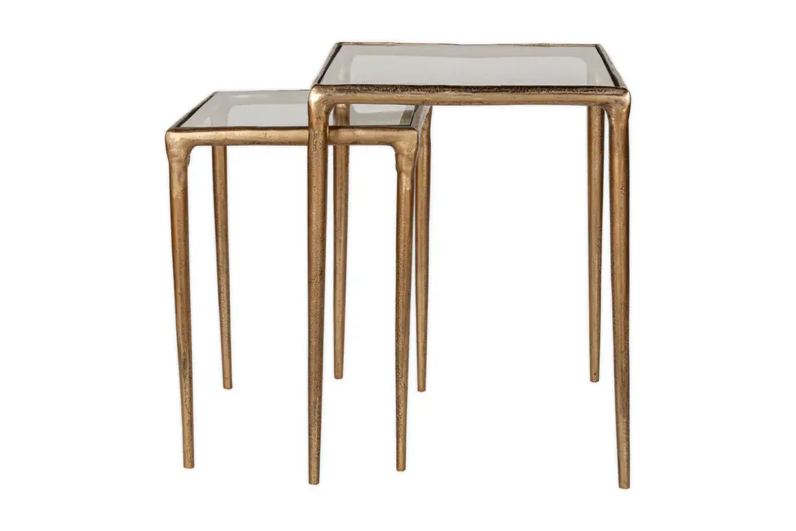 Gilasi Cast Metal & Glass Nesting Side Tables - Antique Brass (Set of 2)