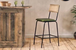 Iswa Leather & Cane Counter Chair - Rich Green