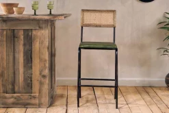 Iswa Leather & Cane Counter Chair - Rich Green