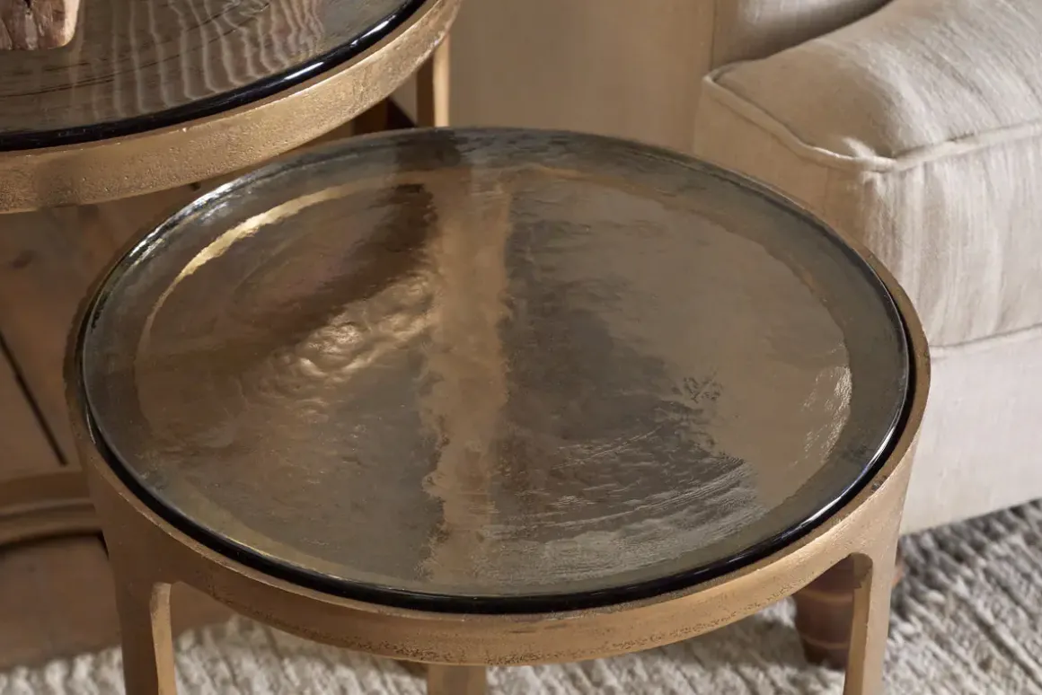 Khidki Cast Metal & Glass Nesting Side Tables - Antique Brass (Set of 2)