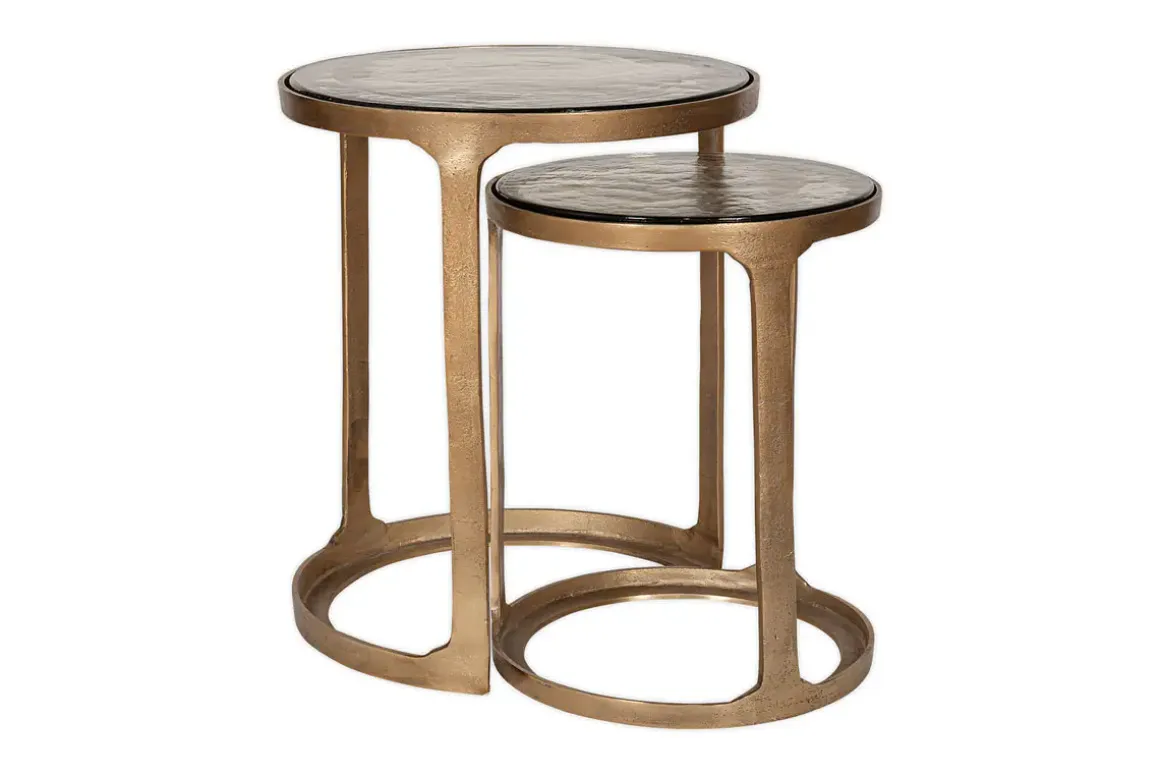 Khidki Cast Metal & Glass Nesting Side Tables - Antique Brass (Set of 2)
