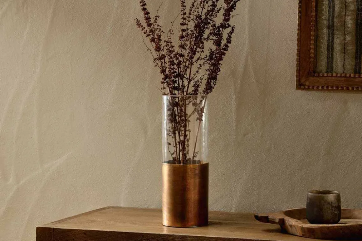 Khila Metal & Glass Vase - Clear & Antique Brass