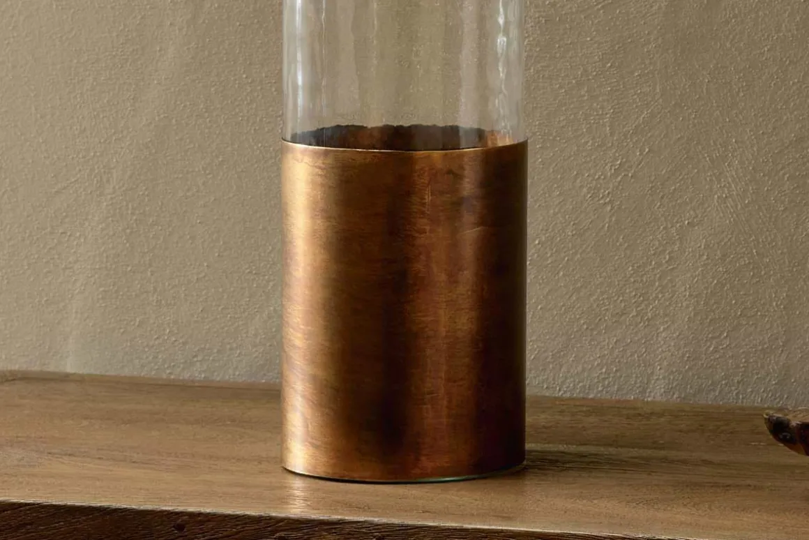 Khila Metal & Glass Vase - Clear & Antique Brass