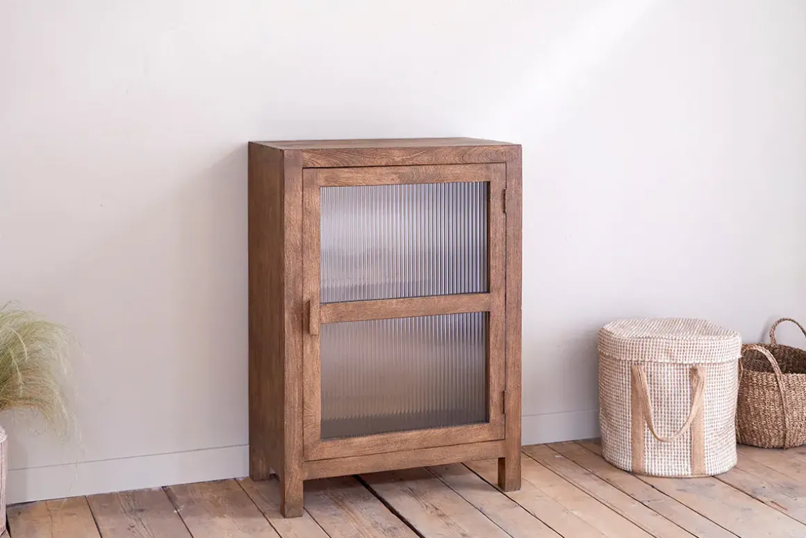 Mendani Mango Wood & Fluted Glass Glass Low Cabinet - Walnut Stain