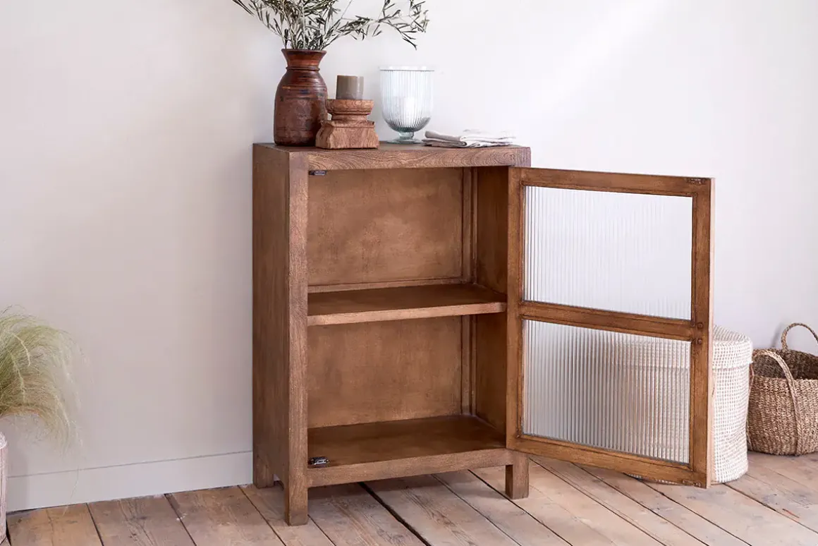 Mendani Mango Wood & Fluted Glass Glass Low Cabinet - Walnut Stain