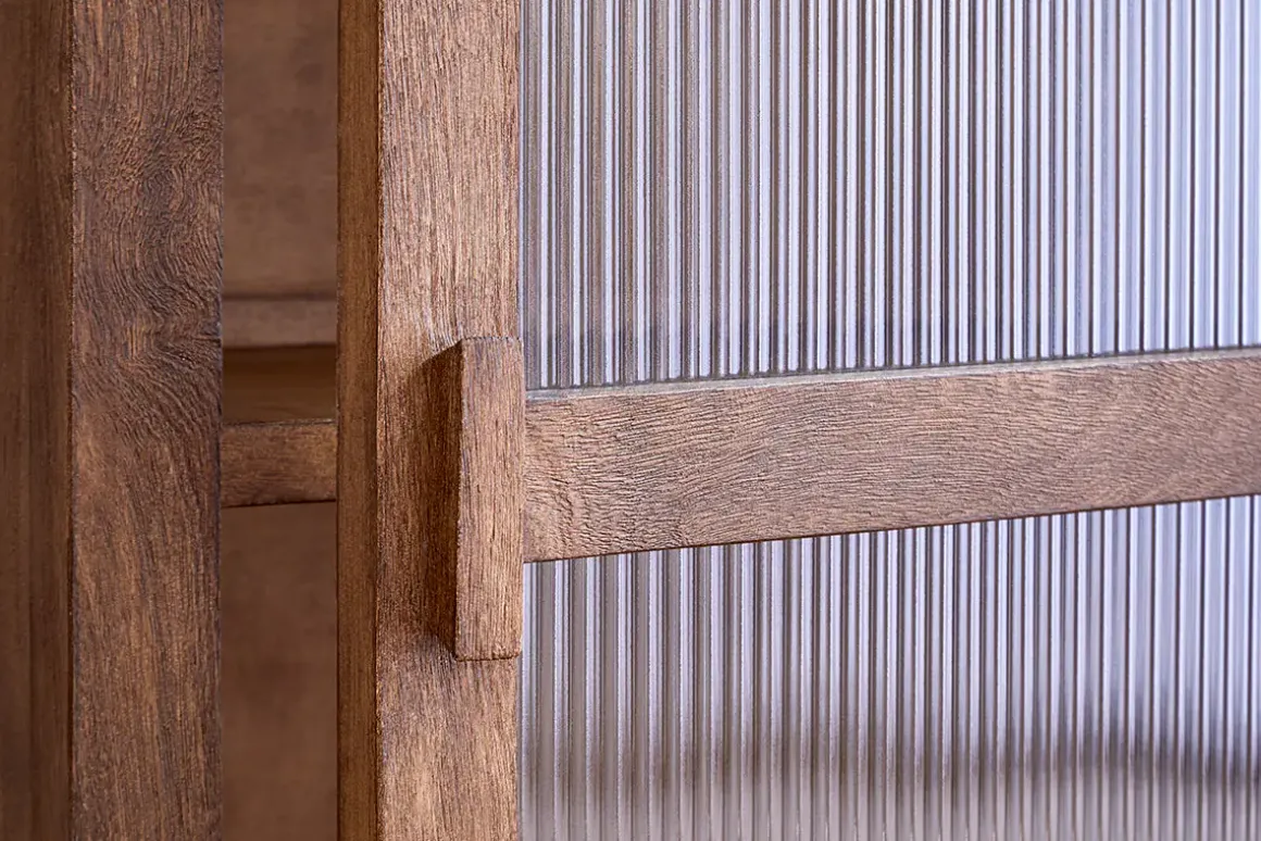 Mendani Mango Wood & Fluted Glass Glass Low Cabinet - Walnut Stain