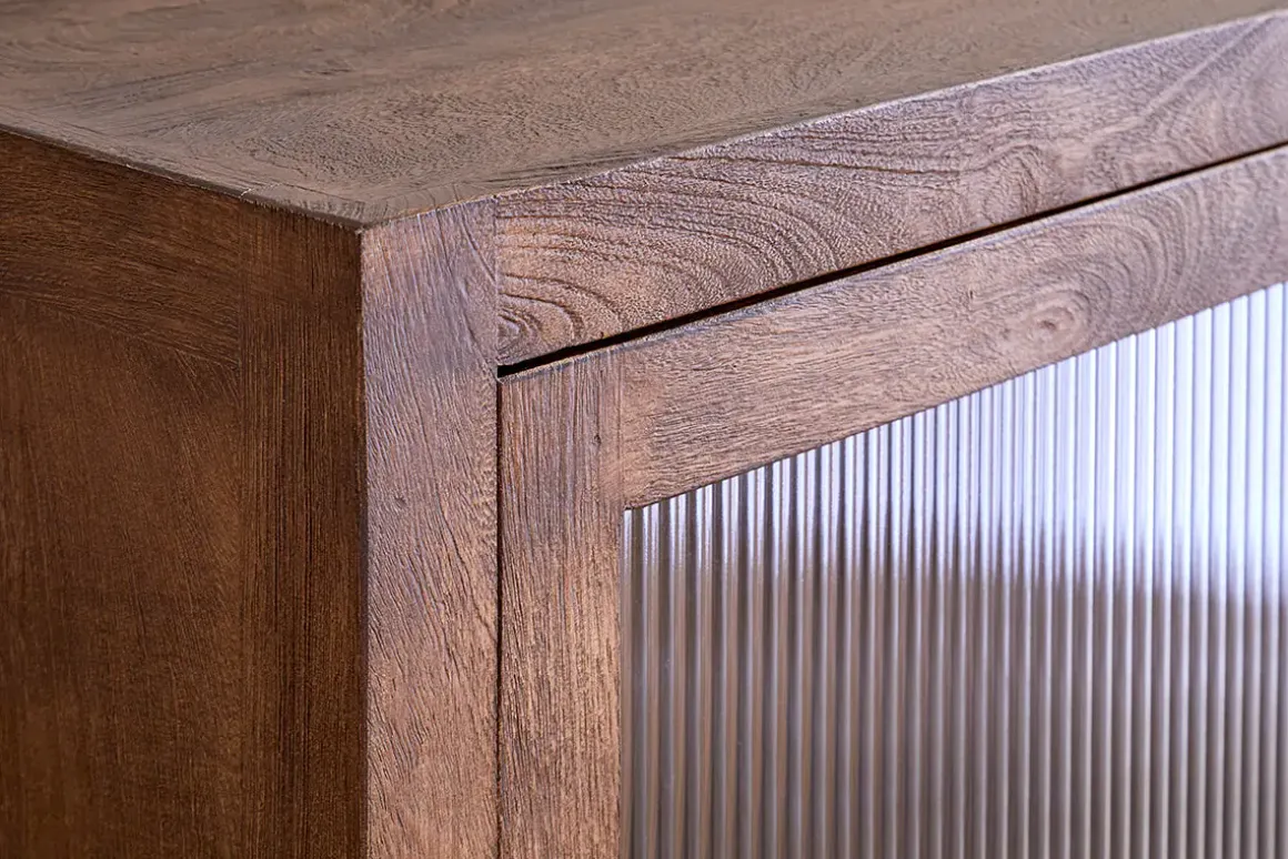 Mendani Mango Wood & Fluted Glass Glass Low Cabinet - Walnut Stain