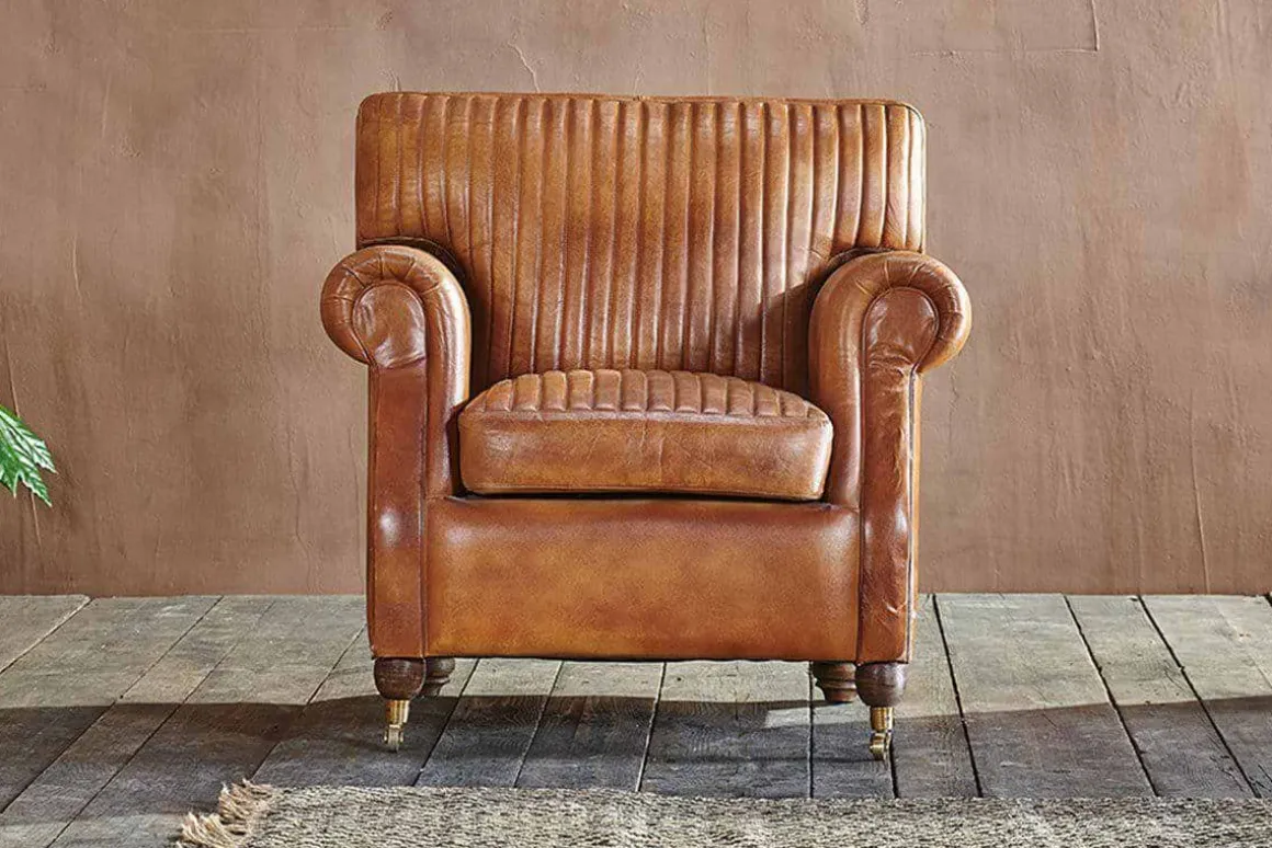 Narwana Ribbed Leather Armchair - Aged Tan