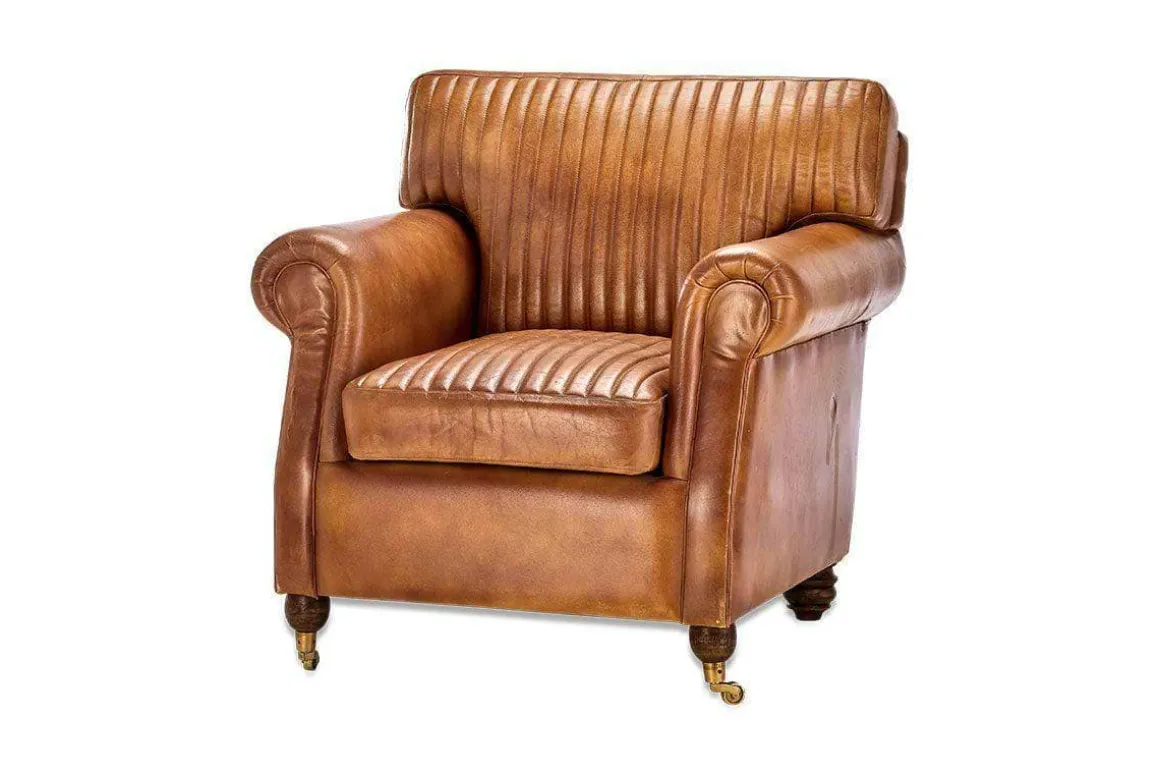 Narwana Ribbed Leather Armchair - Aged Tan