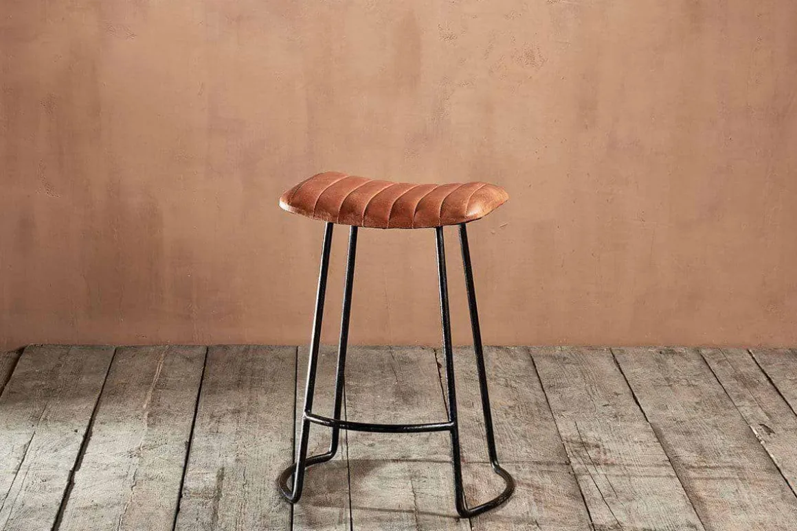 Narwana Ribbed Leather Stool - Aged Tan - Small