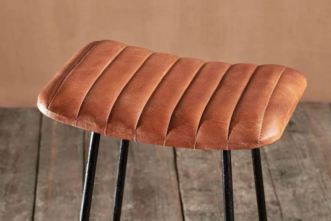 Narwana Ribbed Leather Stool - Aged Tan - Small