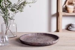 Nyati Mango Wood Etched Round Tray - Dark
