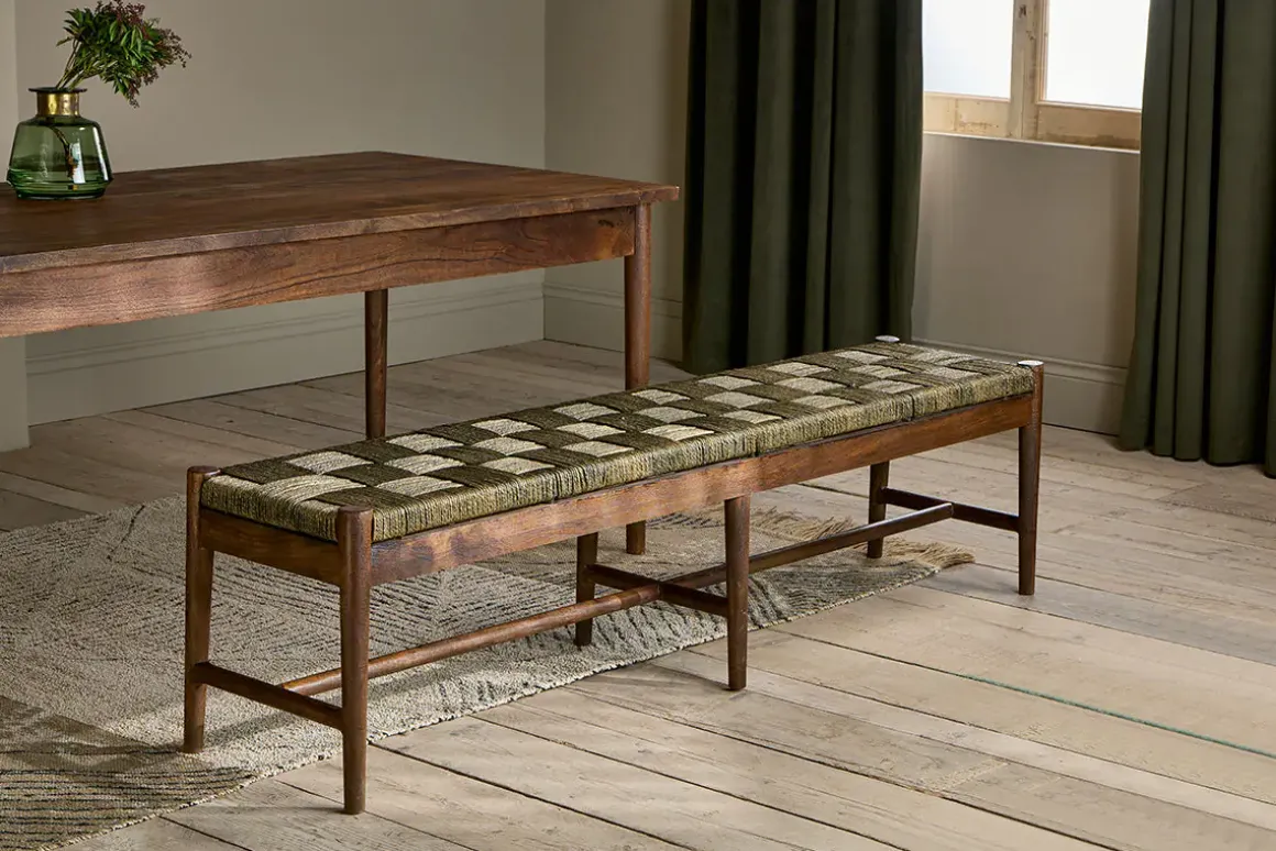 Raunak Acacia Woven Bench - Washed Walnut