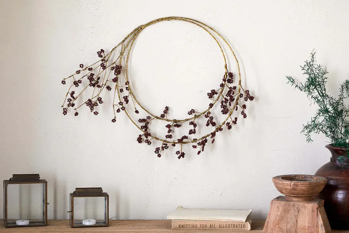 Tanu Layered Mango Wood Beaded Wreath - Brass & Ruby