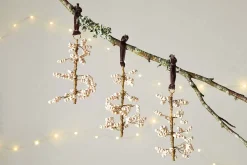 Tanu Mango Wood Beaded Baubles - Brass & Natural (Set of 3)