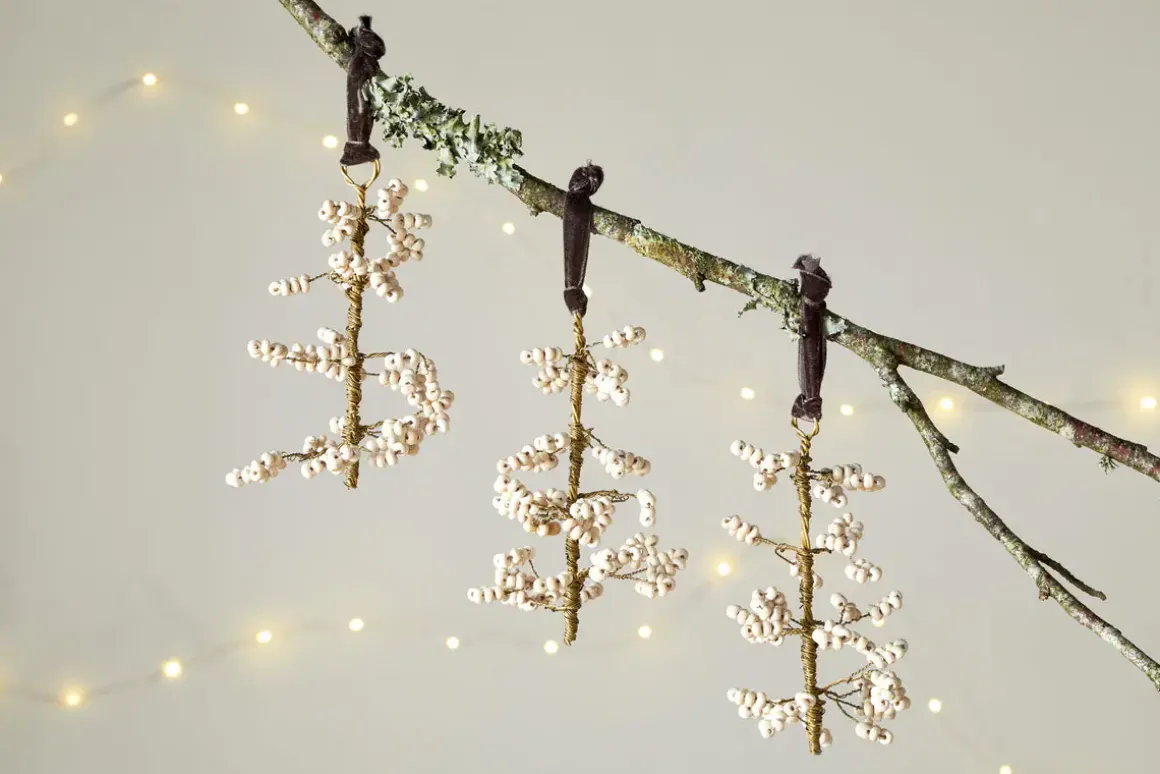 Tanu Mango Wood Beaded Baubles - Brass & Natural (Set of 3)