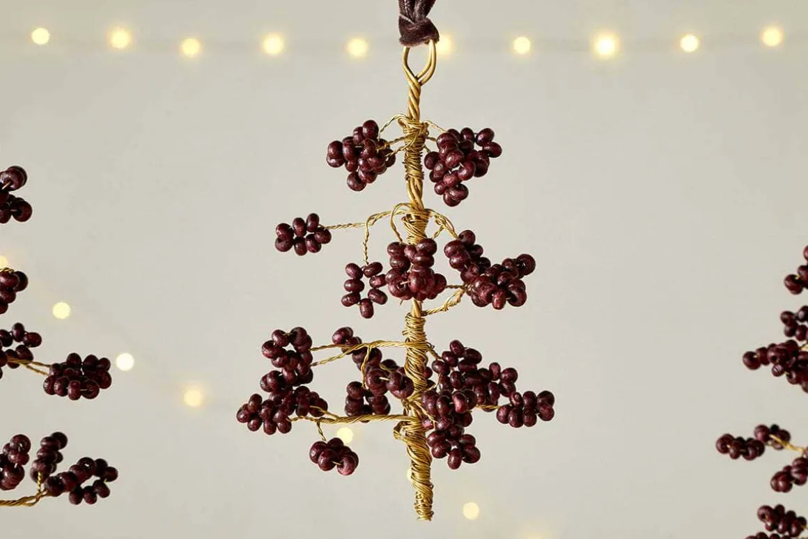 Tanu Mango Wood Beaded Baubles - Brass & Ruby (Set of 3)