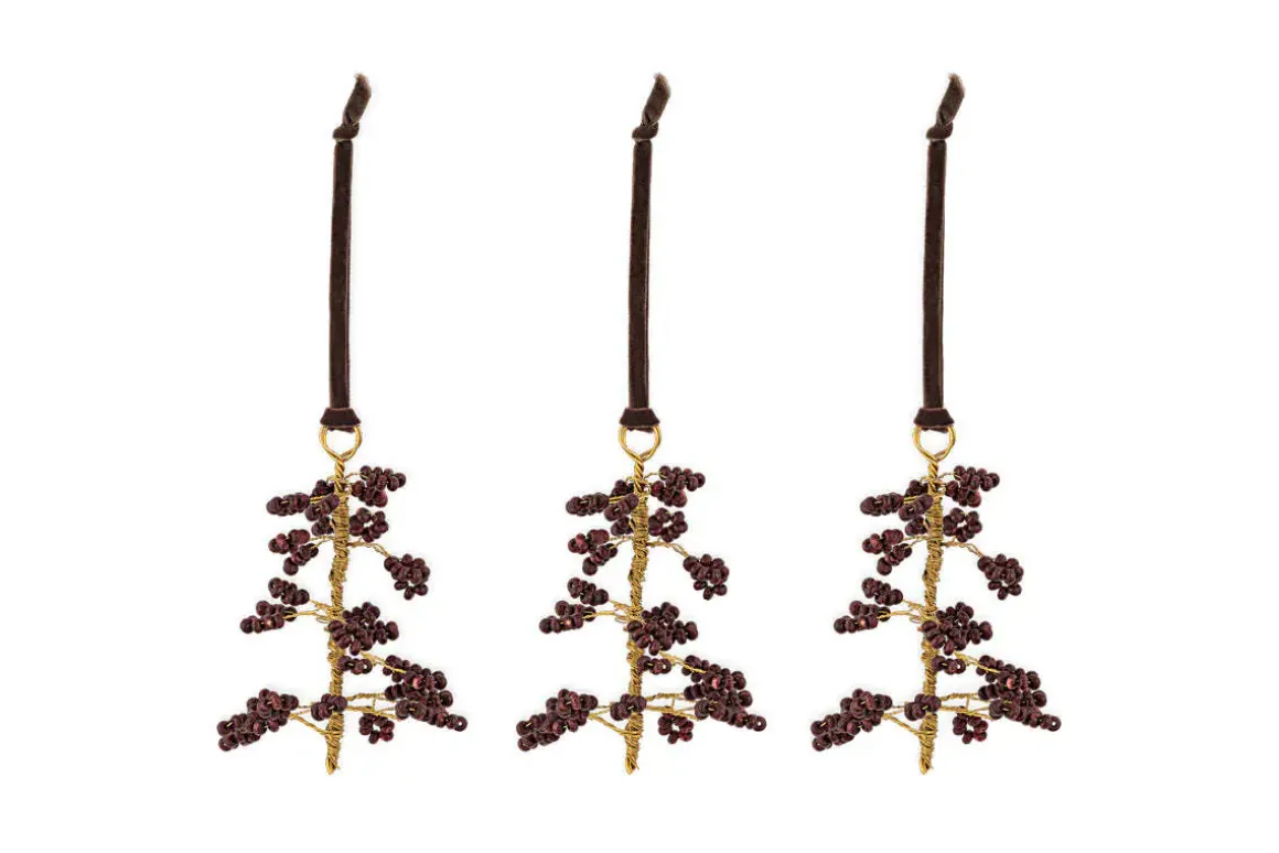 Tanu Mango Wood Beaded Baubles - Brass & Ruby (Set of 3)