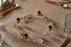 Tanu Mango Wood Beaded Candle Holder - Brass & Natural