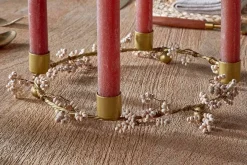 Tanu Mango Wood Beaded Candle Holder - Brass & Natural