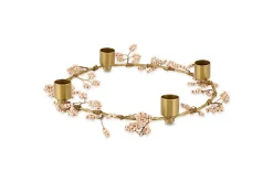 Tanu Mango Wood Beaded Candle Holder - Brass & Natural