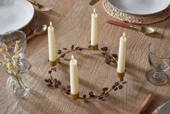 Tanu Mango Wood Beaded Candle Holder - Brass & Ruby