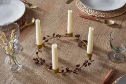 Tanu Mango Wood Beaded Candle Holder - Brass & Ruby