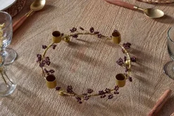 Tanu Mango Wood Beaded Candle Holder - Brass & Ruby