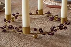 Tanu Mango Wood Beaded Candle Holder - Brass & Ruby