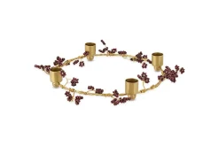 Tanu Mango Wood Beaded Candle Holder - Brass & Ruby