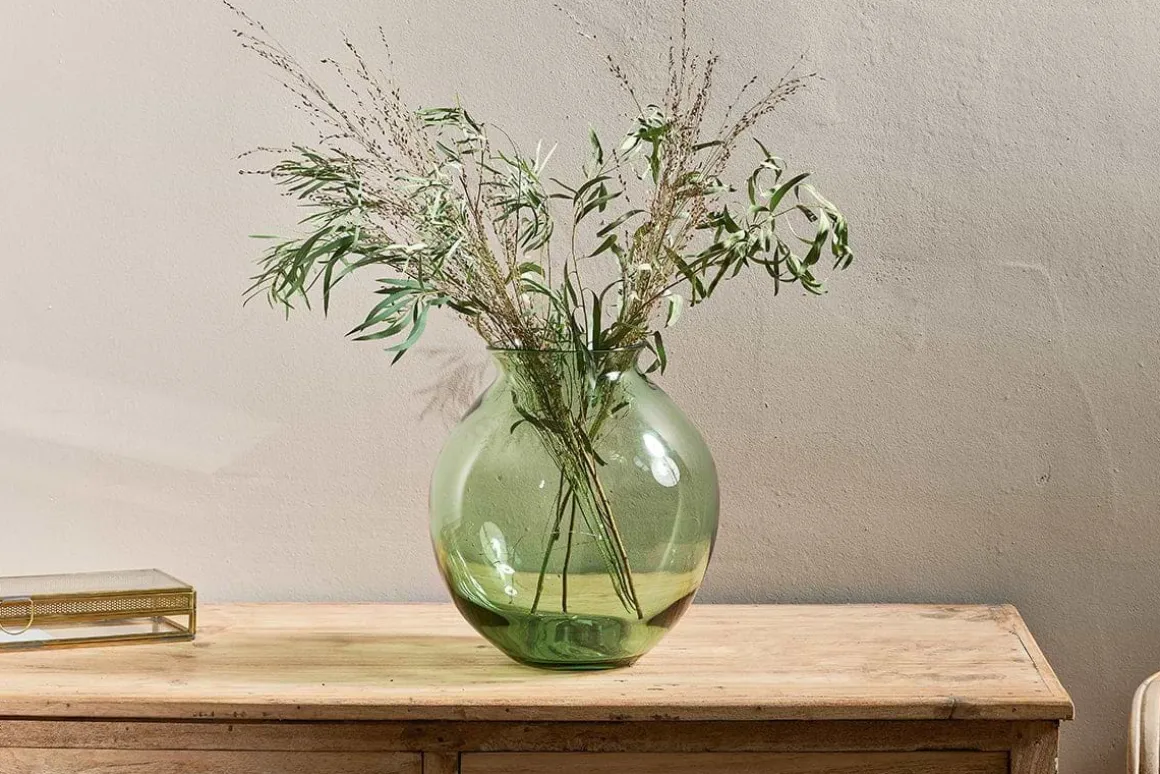 Vanita Glass Vase - Green - Wide